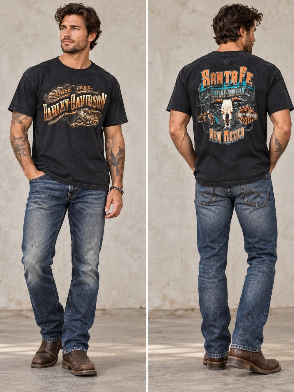 Vtg.Harley-Davidson Black Graphic Tee with Orange & Teal Santa Fe Design Size L